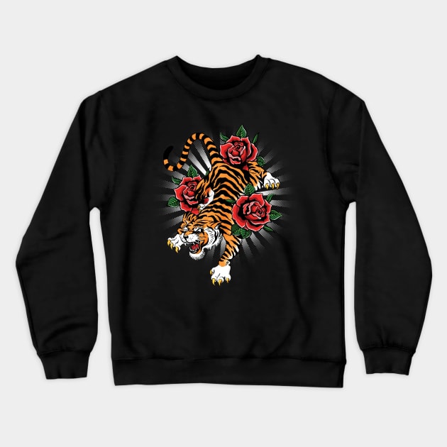 Vintage Tiger Tattoo Flash Crewneck Sweatshirt by Black Tee Inc